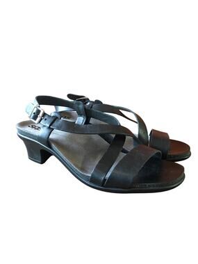 SAS San Antonio Shoes Nouveau Leather Cross Strap Heel Sandal Black Womens 8.5 M